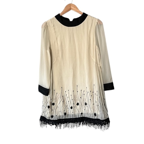 Twin-Set Simona Barbieri Ecru Black Floral Beaded Tassel Tie Back Dress - Picture 2 of 12